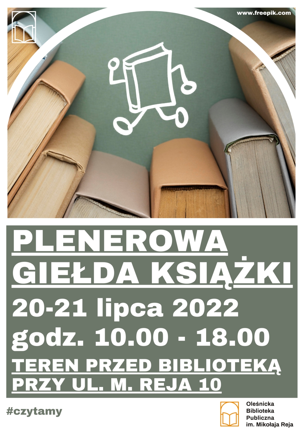 Plakat promujący plenerową Giełdę Książki w lipcu 2022